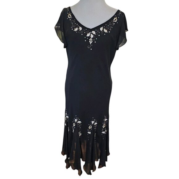 Y2K Black Midi Dress Cocktail Size 14 Assymetrical Whimsigoth Embroidered Beaded - Picture 2 of 13